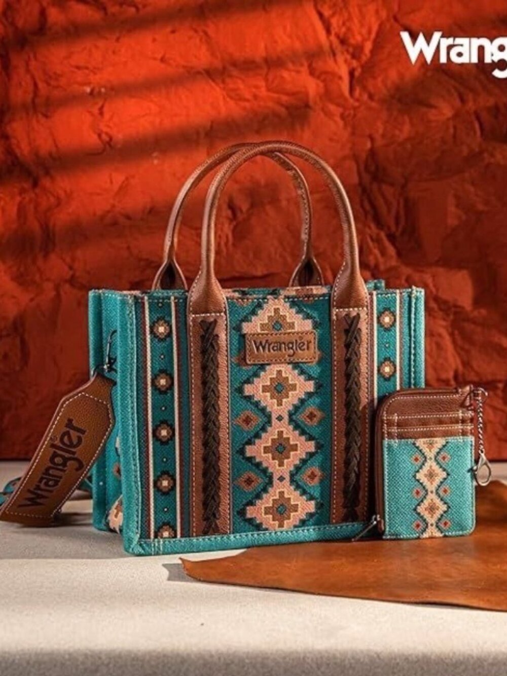 Wrangler Aztec Small Tote/Crossbody and Card Case Set 2Pc- Turquoise